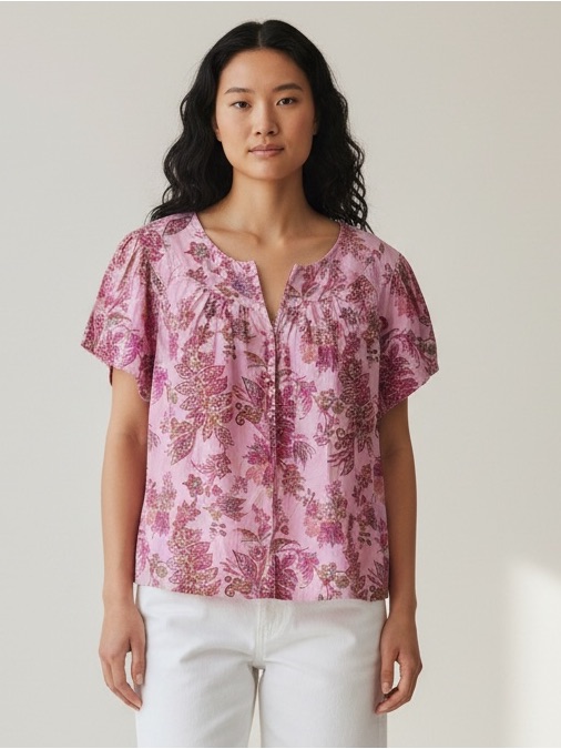 Lane Bryant Pink Floral Short-Sleeve Peasant Top Size14/16